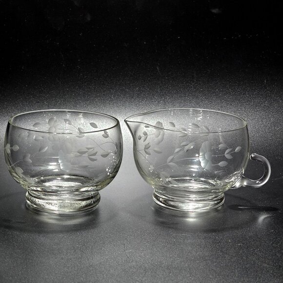 Princess House Heritage Stackable Creamer Sugar 8oz floral etched crystal 2pc - Picture 5 of 7